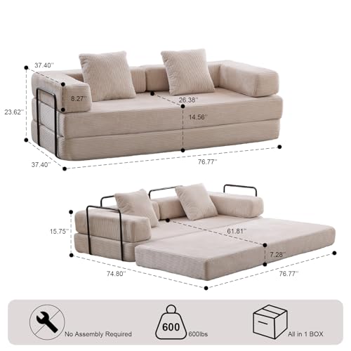 Corduroy Convertible Sleeper Sofa Bed with Pillow, Beige O72530