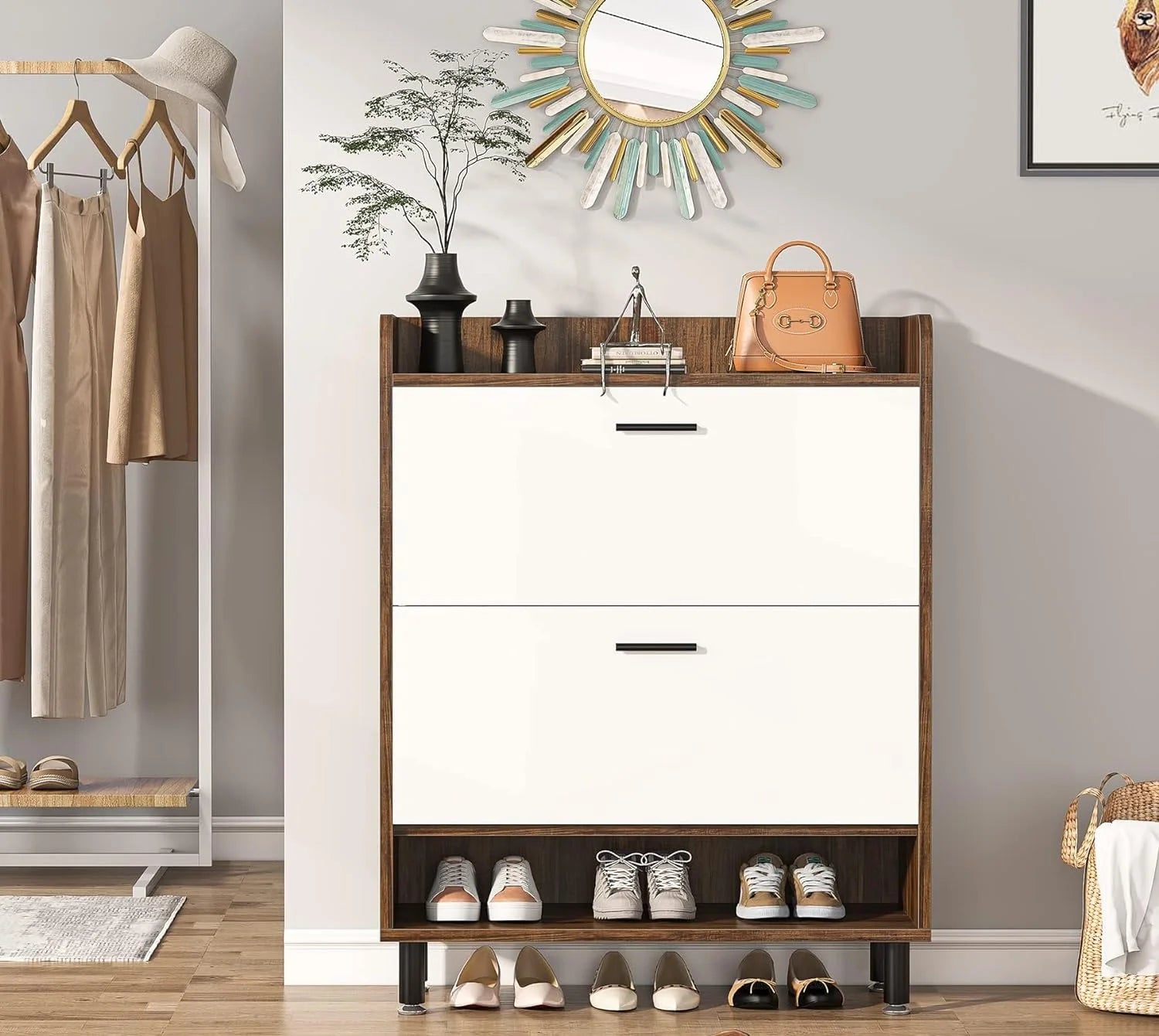 Shoe Cabinet, 2-Tier Entryway Shoe Organizer with Flip Doors and Open Shelves G295