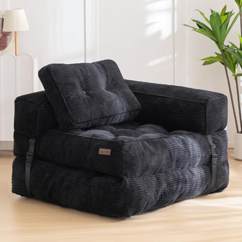 Folding Sofa Bed, L-Shaped Convertible Sleeper Couch with Armrest and Pillow, Dark Grey M375676