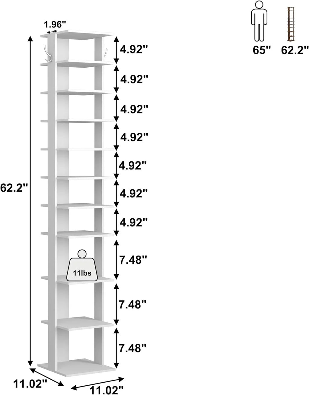 10-Tier Vertical Shoe Rack with Hanging Hooks, Slim Wooden Shoe Organizer K8858