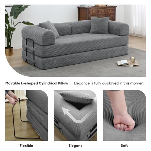 Corduroy Convertible Sleeper Sofa Bed with Pillow, Beige O72530