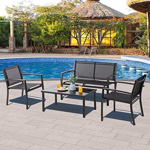 Patio Furniture Set with Glass Coffee Table, 4 Pieces, Black Q940