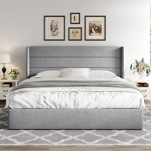 Full Size Lift Up Storage Bed with Wingback Headboard, Hydraulic Support, Light Beige P736605