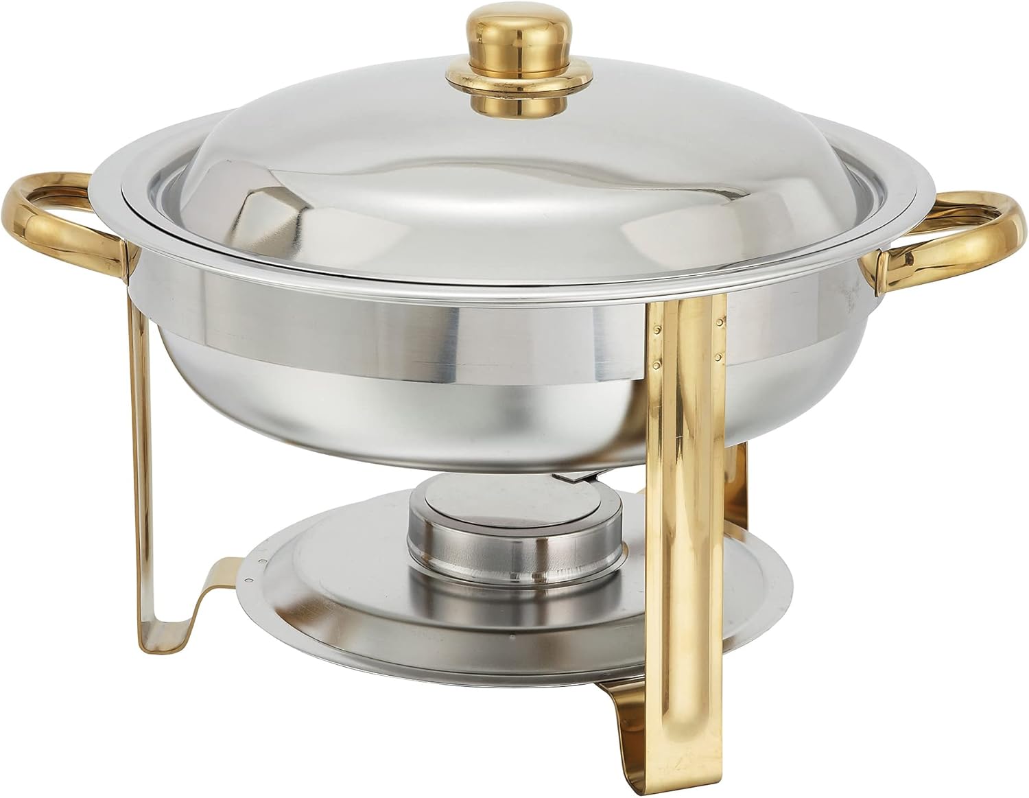 Winco Winware 4 Quart Round Stainless Steel Gold Accented Chafer, Silver