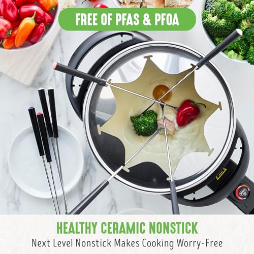 14 Cup Electric Fondue Maker Pot Set for Cheese, Chocolate, and Meat, 8 Color Coded Forks, Ceramic Nonstick, Adjustable Temperature R84705