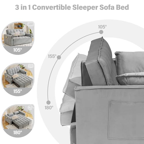 Convertible Sofa Bed, 3 in 1 Velvet Sleeper with Adjustable Backrest, Gray K13376