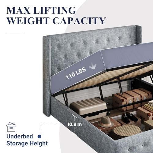 Full Size Lift Up Storage Bed with Wingback Headboard, Hydraulic Support, Light Beige P736605