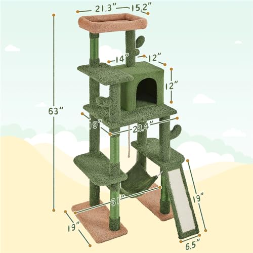 Cactus Cat Tree, 63" Multi-Level Cat Tower with Scratching Posts, Condo & Hammock O8672