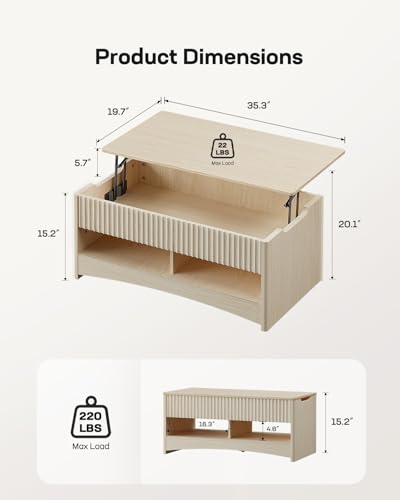Lift Top Coffee Table with Open and Hidden Storage, Modern Fluted Design S200567