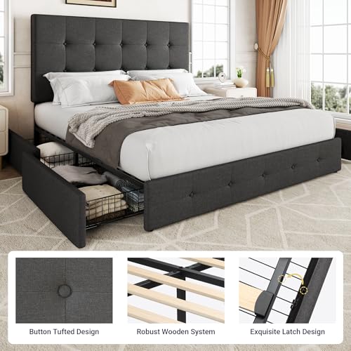 Upholstered Queen Platform Bed Frame with 4 Storage Drawers and Headboard G724955