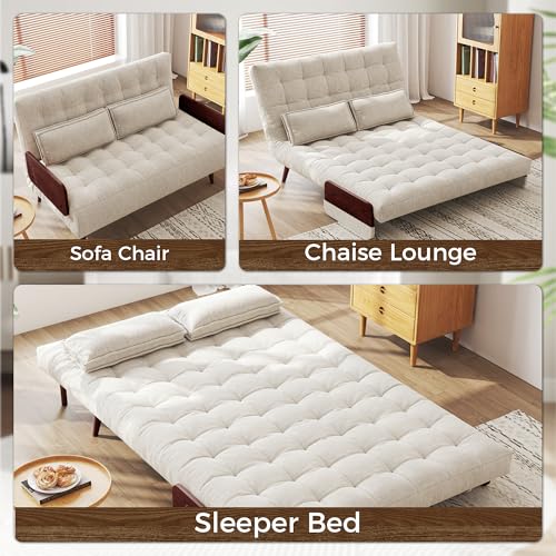 Convertible Chair Bed Sleeper for Adults, Linen with Wooden Arms & Pillows, Foldable Single Futon Sofa Bed Q683821