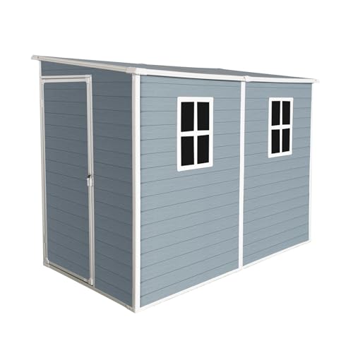 Outdoor Resin Storage Shed with Floor, 2 Windows, Lockable Double Door, Grey N19926