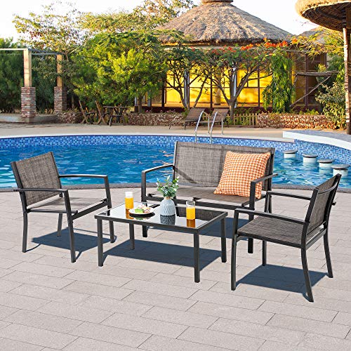 Patio Furniture Set with Glass Coffee Table, 4 Pieces, Black Q940