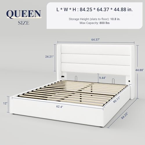 Full Size Lift Up Storage Bed with Wingback Headboard, Hydraulic Support, Light Beige P736605