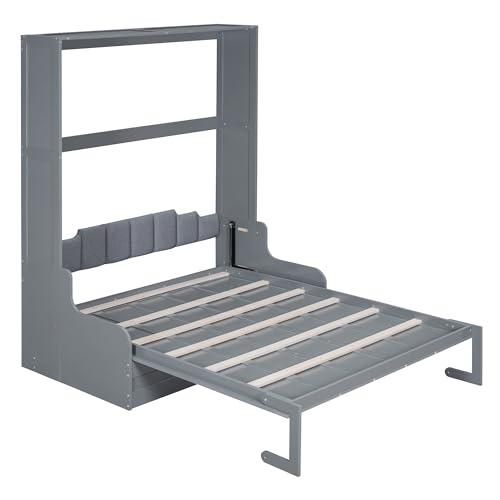 Murphy Bed Queen Size with Cushion, Foldable Sofa Bed Frame with Slat Support, White C2974