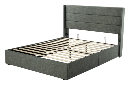 Full Size Lift Up Storage Bed with Wingback Headboard, Hydraulic Support, Light Beige P736605