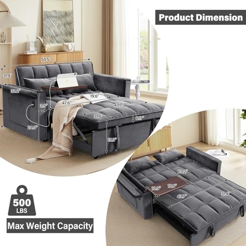 Convertible Sofa Bed, 3 in 1 Velvet Sleeper with Adjustable Backrest, Gray K13376
