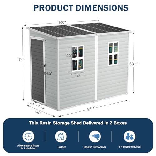 Resin Storage Shed, Waterproof Outdoor Shed with Floor, Lockable Door & 2 Windows G278