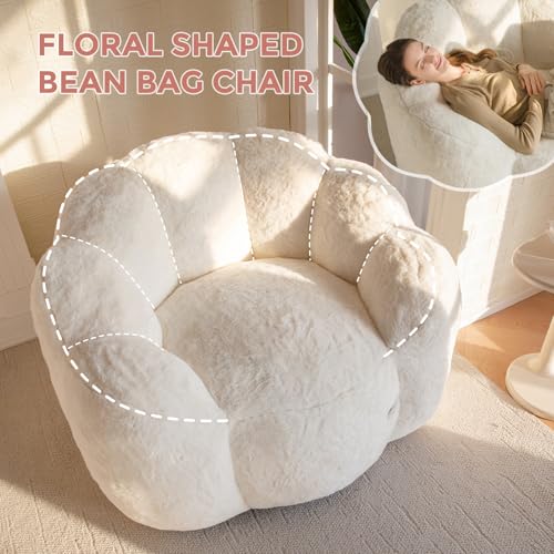 Floral Shaped Bean Bag Sofa for Adults, Faux Fur Floor Chair, Beige U8616