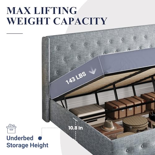 Full Size Lift Up Storage Bed with Wingback Headboard, Hydraulic Support, Light Beige P736605