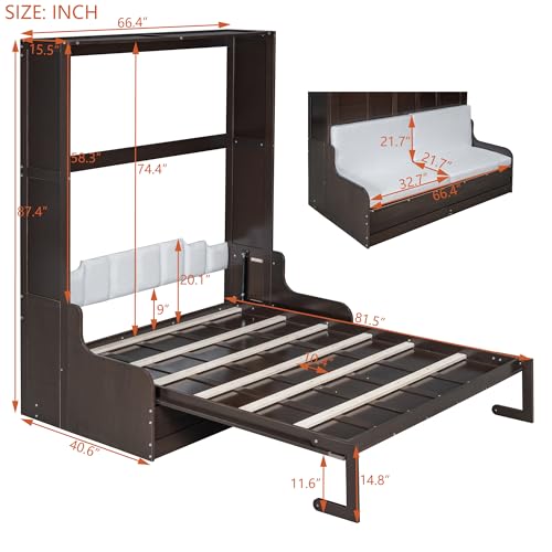 Murphy Bed Queen Size with Cushion, Foldable Sofa Bed Frame with Slat Support, White C2974