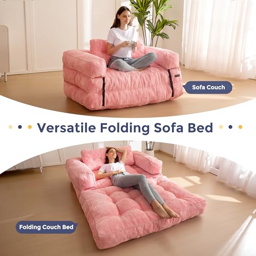 Folding Sofa Bed, L-Shaped Convertible Sleeper Couch with Armrest and Pillow, Dark Grey M375676