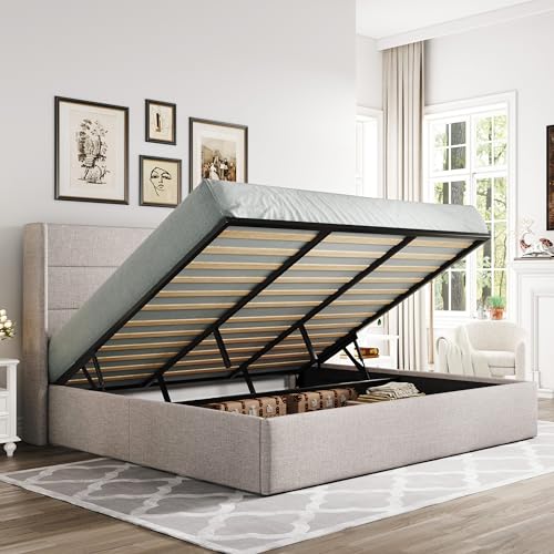 Full Size Lift Up Storage Bed with Wingback Headboard, Hydraulic Support, Light Beige P736605