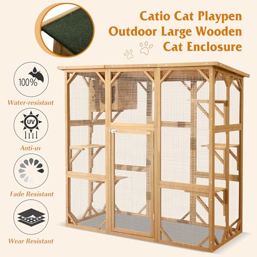 Outdoor Catio Wooden Cat House with Weatherproof Platform Z380