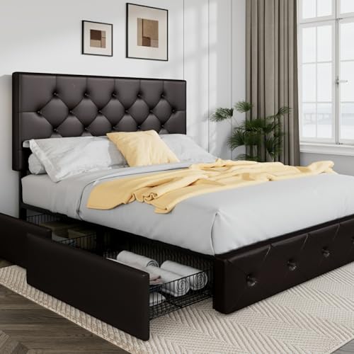 Upholstered Queen Platform Bed Frame with 4 Storage Drawers and Headboard G724955
