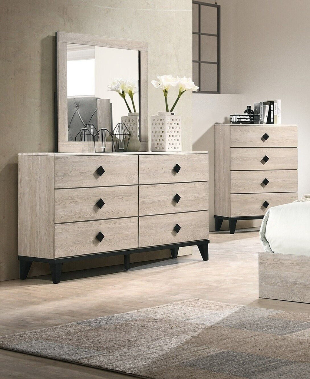 Cream Color Dresser Mirror with Nightstands and Chest Bedroom Set N23014