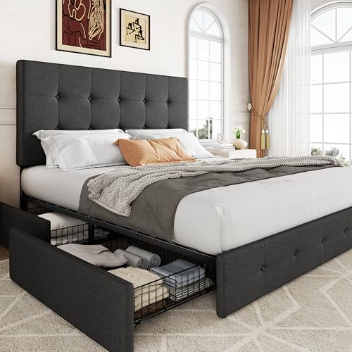 Upholstered Queen Platform Bed Frame with 4 Storage Drawers and Headboard G724955
