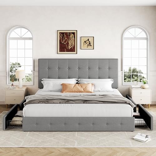 Upholstered Queen Platform Bed Frame with 4 Storage Drawers and Headboard G724955