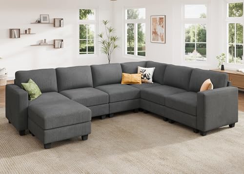 Corduroy Modular Sectional Couch with Storage, L-Shaped, 6 Seater, Dark Gray X823135