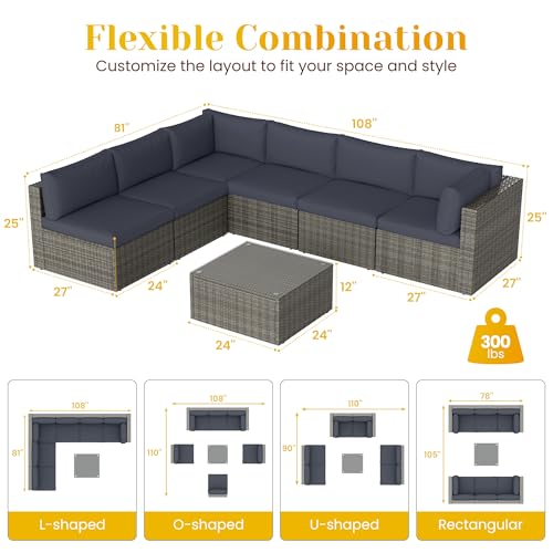 Outdoor Patio Furniture Set with Glass Tea Table, PE Rattan Wicker, Washable Cushions, Grey K8525