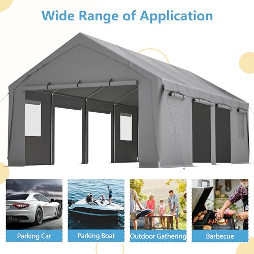 Carport 20x12ft Portable Garage Canopy with Roll-up Windows and Removable Sidewalls D71400