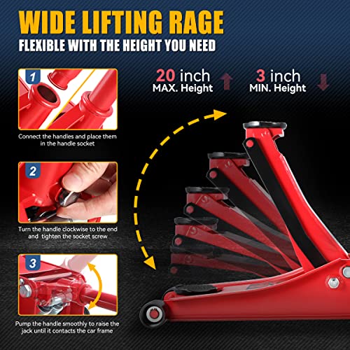 4 Ton Low Profile Floor Jack, Heavy Duty Steel Hydraulic with Dual Pistons Quick Lift Pump P3195