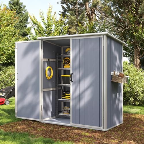 Outdoor Storage Shed with Window, Resin Garden Tool Shed with Lockable Doors W5772
