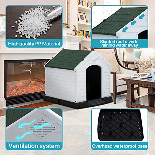 White Large Dog House Indoor Outdoor Waterproof Plastic Pet Shelter Kennel with Elevated Floor S1257