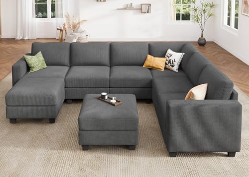 Corduroy Modular Sectional Couch with Storage, L-Shaped, 6 Seater, Dark Gray X823135