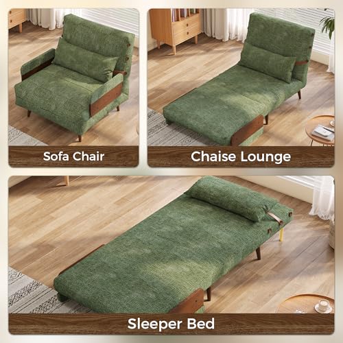 Convertible Chair Bed Sleeper for Adults, Linen with Wooden Arms & Pillows, Foldable Single Futon Sofa Bed Q683821