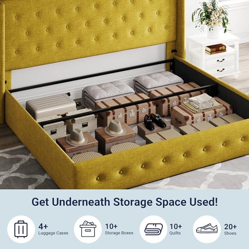 Full Size Lift Up Storage Bed with Wingback Headboard, Hydraulic Support, Light Beige P736605