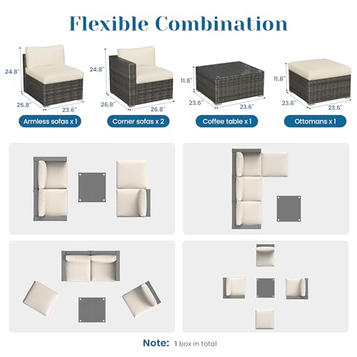 Outdoor Patio Furniture Set with Glass Tea Table, PE Rattan Wicker, Washable Cushions, Grey K8525