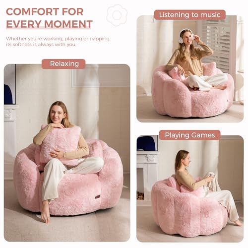 Floral Shaped Bean Bag Sofa for Adults, Faux Fur Floor Chair, Beige U8616
