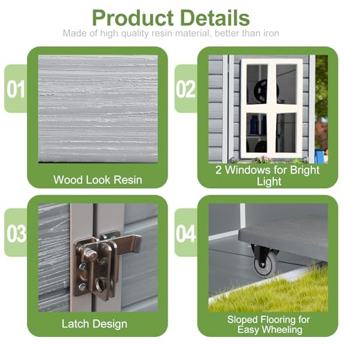 Resin Storage Shed, Waterproof Outdoor Tool Shed with Floor, Double Lockable Doors I89690
