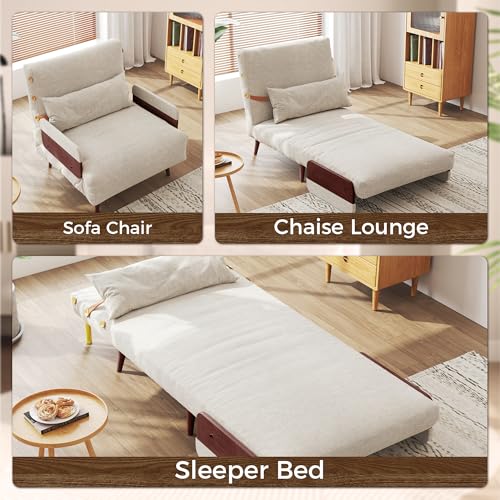 Convertible Chair Bed Sleeper for Adults, Linen with Wooden Arms & Pillows, Foldable Single Futon Sofa Bed Q683821