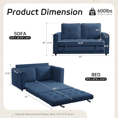Sleeper Sofa Bed Convertible Futon for Small Spaces, Dark Blue F79197