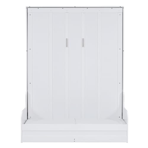 Murphy Bed Queen Size with Cushion, Foldable Sofa Bed Frame with Slat Support, White C2974