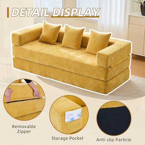 Corduroy Convertible Sleeper Sofa Bed with Pillow, Beige O72530