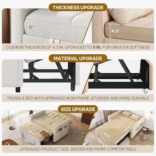 Convertible Sofa Bed, 3-in-1 Sleeper with Pull-Out Bed, Linen Futon Couch H198