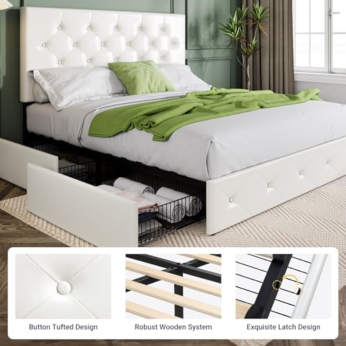 Upholstered Queen Platform Bed Frame with 4 Storage Drawers and Headboard G724955